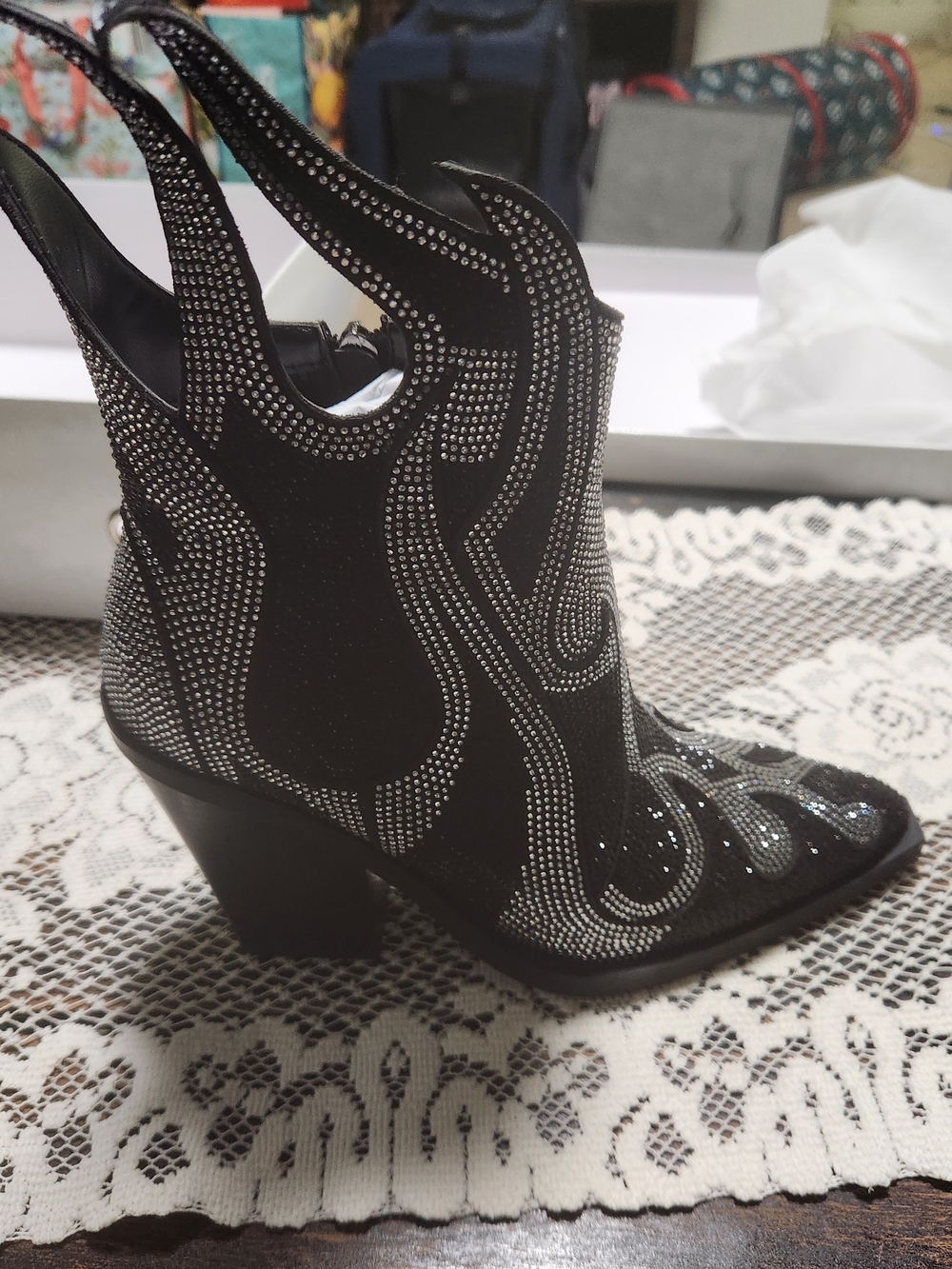 Feinlina Rhinestone Flame Ankle Boots Black Sparkly Western Booties NIB 7.5